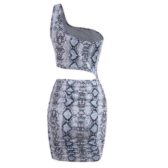 Zaful Snake Print Cutout One Shoulder Ruched Dress - Gray Small - Picture 2 of 8